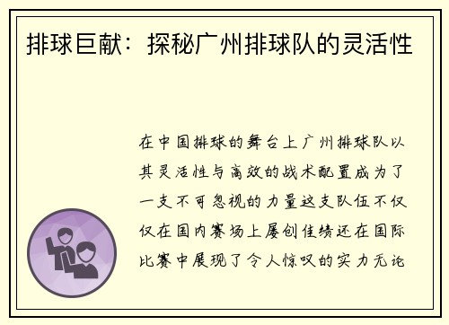 排球巨献:探秘广州排球队的灵活性