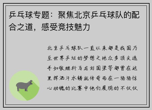 乒乓球专题：聚焦北京乒乓球队的配合之道，感受竞技魅力
