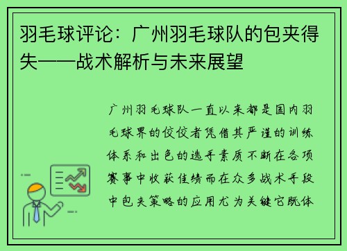 羽毛球评论：广州羽毛球队的包夹得失——战术解析与未来展望