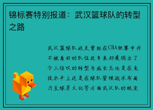 锦标赛特别报道:武汉篮球队的转型之路