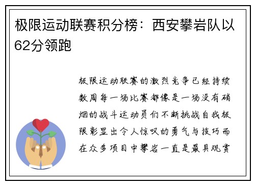 极限运动联赛积分榜：西安攀岩队以62分领跑
