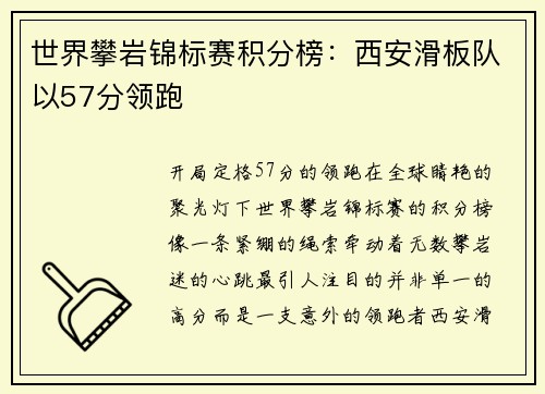 世界攀岩锦标赛积分榜：西安滑板队以57分领跑
