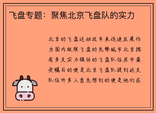 飞盘专题:聚焦北京飞盘队的实力