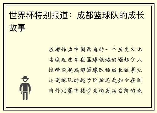 世界杯特别报道：成都篮球队的成长故事